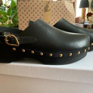 Classic Gold Studded Black Leather Platform Clogs, Ancient Greek Sandal, size 41